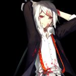  1boy arms_behind_head black_background blood blood_on_face hair_ornament hairclip necktie red_eyes short_hair short_sleeves smile solo stitches suspenders suzuya_juzo szdc tokyo_ghoul white_hair 