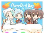  1boy 3girls akagi_(kantai_collection) aqua_eyes aqua_hair black_eyes black_hair blush brown_hair cake candle character_request chibi fire food food_on_face gem hat kaga_(kantai_collection) kantai_collection long_hair milotic multiple_girls open_mouth pokemon rebecca_(keinelove) short_hair side_ponytail smile sparkle 