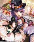 1girl :d breasts carrying cleavage fork glass hat holding long_hair looking_at_viewer majoca_majoluna official_art open_mouth purple_hair shutsuri smile solo tray violet_eyes 