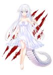  1girl 47agdragon bare_shoulders barefoot blue_eyes breasts collarbone colored_eyelashes dragon_girl dragon_tail dress highres long_hair looking_at_viewer original pointing pointy_ears smile solo strapless_dress tail very_long_hair white_dress white_hair 