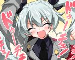  1girl :d ^_^ anchovy arm_up blush bust closed_eyes girls_und_panzer green_hair military military_uniform necktie open_mouth smile solo take_shinobu twintails uniform 