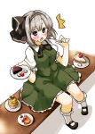  1girl amonitto blue_eyes cake food fork from_above hairband holding konpaku_youmu looking_at_viewer mary_janes open_mouth shoes short_hair silver_hair sitting solo touhou 