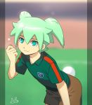  1boy aqua_eyes battle_eleven bunny_tail fei_rune green_hair inazuma_eleven_(series) inazuma_eleven_choujigen_dream_match inazuma_eleven_go inazuma_eleven_go_chrono_stone leaning_forward looking_at_viewer male mizuhara_aki no_pupils soccer_uniform solo sportswear star tail 