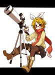  1girl amonitto blonde_hair casual glasses hair_ornament hairband hairclip kagamine_rin looking_at_viewer pleated_skirt scarf short_hair sitting skirt smile solo telescope vocaloid yellow_eyes 