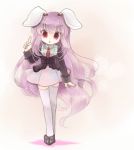  1girl animal_ears biyon long_hair looking_at_viewer open_mouth pleated_skirt pointing pointing_up purple_hair rabbit_ears red_eyes reisen_udongein_inaba school_uniform skirt solo thighhighs touhou zettai_ryouiki 