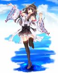  1girl :d ahoge black_eyes brown_hair detached_sleeves fule full_body hairband highres kantai_collection kongou_(kantai_collection) long_hair nontraditional_miko ocean open_mouth pleated_skirt skirt sky smile solo standing_on_one_leg thigh-highs zettai_ryouiki 