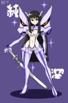  1girl bigdead93 black_hair blue_eyes boots cleavage_cutout full_body hair_ornament hairclip hand_on_hilt highres junketsu katana kill_la_kill kiryuuin_satsuki long_hair navel pauldrons payot serious sheath sheathed solo sparkle standing sword thigh-highs thigh_boots weapon 