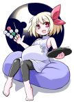  1girl barefoot blonde_hair bow dango dress fang food food_on_face hair_bow kugelschreiber looking_at_viewer open_mouth pregnant red_eyes rumia short_hair sitting sleeveless smile solo touhou wagashi 