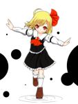  1girl ascot ball blonde_hair darkness frilled_skirt frills hair_ribbon highres outstretched_arms red_eyes ribbon rumia s-ghost shirt short_hair skirt smile spread_arms touhou vest 