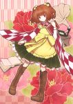  1girl aoyagi_neko apron bell book boots cross-laced_footwear flower hair_bell hair_ornament japanese_clothes lace-up_boots motoori_kosuzu open_book phonograph red_eyes redhead smile touhou yagasuri 