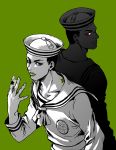  2boys bubble dark_persona dixie_cup_hat dual_persona green_lipstick hat higashikata_jousuke_(jojolion) jojo_no_kimyou_na_bouken jojolion lipstick makeup military_hat multiple_boys qi_(bleachcxn) red_eyes sailor 