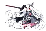  1girl absurdly_long_hair anchorage_oni bare_shoulders black_dress chibi dress fang hair_ornament hime_takeo kantai_collection long_hair machinery open_mouth overskirt red_eyes simple_background solo thigh-highs turret very_long_hair white_background white_hair white_skin zettai_ryouiki 