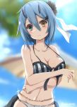  1girl bare_shoulders bikini blue_eyes blue_hair blurry blush breast_hold breasts bust collarbone covering covering_breasts depth_of_field hair_between_eyes heterochromia highres horns io_(pso2) looking_at_viewer navel noe_(mabue) phantasy_star phantasy_star_online_2 short_hair solo swimsuit twitter_username vertical-striped_bikini vertical_stripes yellow_eyes 