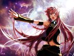  1girl bare_shoulders blue_eyes breasts headphones long_hair long_skirt looking_at_viewer megurine_luka midriff navel open_mouth pink_hair skirt sky solo star star_(sky) starry_sky tagme very_long_hair vocaloid 
