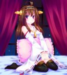  1girl ahoge brown_hair detached_sleeves door_to_heaven hairband japanese_clothes kantai_collection kongou_(kantai_collection) long_hair looking_at_viewer nontraditional_miko open_mouth pillow sitting solo thigh-highs violet_eyes wide_sleeves 