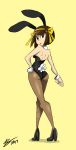  1girl animal_ears ass back bigdead93 black_eyes bob_cut brown_hair bunny_tail bunnysuit from_behind hair_ribbon hairband hand_on_hip high_heels highres pantyhose rabbit_ears ribbon sheer_legwear short_hair simple_background solo suzumiya_haruhi suzumiya_haruhi_no_yuuutsu tail wrist_cuffs 