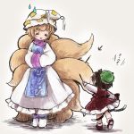  2girls animal_ears biyon brown_hair cat_ears cat_tail chen fox_tail hat holding multiple_girls multiple_tails pocky short_hair sketch tail touhou translation_request yakumo_ran 