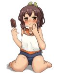  1girl amonitto brown_eyes brown_hair dark_skin hand_on_own_cheek holding i-401_(kantai_collection) kantai_collection looking_at_viewer ponytail popsicle school_swimsuit school_uniform seiza serafuku sitting solo swimsuit swimsuit_under_clothes 