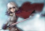  1girl absurdres blade_&amp;_soul cape character_name dated gloves highres seok short_hair silver_hair sword translation_request weapon 