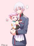  1boy 1girl blush carrying child hair_bun heart kakumeiki_valvrave l-elf lieselotte military military_uniform natsu_(360c) pink_hair robe short_hair silver_hair stuffed_animal stuffed_bunny stuffed_toy time_paradox uniform violet_eyes younger 