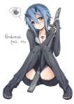  1girl :&lt; bike_shorts black_legwear blue_eyes blue_hair blush boots character_name collarbone copyright_name hair_between_eyes heterochromia highres horns io_(pso2) knees_together_feet_apart looking_at_viewer noe_(mabue) phantasy_star phantasy_star_online_2 short_hair sitting solo spoken_squiggle squiggle sword thigh-highs thigh_boots twitter_username weapon yellow_eyes 