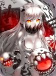  1girl breasts cannon cleavage covered_mouth dress glowing glowing_eyes horns kantai_collection kfr leaning_forward long_hair looking_at_viewer midway_hime pale_skin revision shinkaisei-kan solo turret veins very_long_hair white_dress white_hair yellow_eyes 