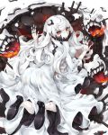  1girl ass breasts cannon cleavage dress horns kantai_collection large_breasts long_hair midway_hime mitu monster pale_skin red_eyes shinkaisei-kan turret veins very_long_hair white_dress white_hair white_skin 