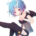  1girl :p bat_wings beni_shake black_legwear blue_hair breasts choker cleavage looking_at_viewer navel original red_eyes short_hair simple_background solo thigh-highs tongue tongue_out white_background wings 
