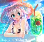  1girl :d blue_eyes borrowed_character breasts cleavage dated drink glass hair_ornament happy_birthday hat long_hair looking_at_viewer nekoboshi_sakko open_mouth original silver_hair smile solo 