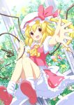  1girl :d ascot blonde_hair flandre_scarlet hakuto_(28syuku) hat holding laevatein looking_at_viewer mob_cap open_mouth reaching red_eyes side_ponytail smile solo touhou wings 