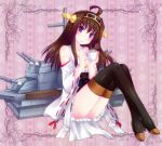  1girl ahoge brown_hair cup detached_sleeves door_to_heaven hairband japanese_clothes kantai_collection kongou_(kantai_collection) long_hair looking_at_viewer machinery nontraditional_miko sitting smile solo tea teacup thigh-highs turret violet_eyes wide_sleeves 