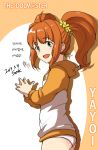  1girl artist_name ass brown_hair character_name copyright_name dated fingernails green_eyes hair_ornament hands_together hoodie idolmaster korean looking_at_viewer open_mouth orange_hair seok smile solo takatsuki_yayoi translation_request twintails 