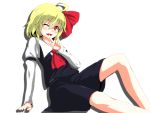  1girl ;d ascot blonde_hair fang hair_ribbon highres one_eye_closed open_mouth red_eyes ribbon rumia s-ghost shadow shirt short_hair simple_background sitting skirt smile touhou vest white_background 