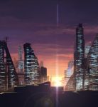  building city izumi_sai lens_flare no_humans original sky skyscraper sunset 