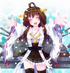  1girl ^_^ ahoge brown_hair closed_eyes detached_sleeves door_to_heaven hairband japanese_clothes kantai_collection kongou_(kantai_collection) long_hair machinery nontraditional_miko snowing solo thigh-highs turret wide_sleeves 