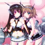  2girls black_hair brown_hair chain door_to_heaven elbow_gloves fingerless_gloves gloves green_eyes hairband hand_on_another&#039;s_shoulder holding_hands kantai_collection machinery midriff mound_of_venus multiple_girls mutsu_(kantai_collection) nagato_(kantai_collection) navel open_mouth red_eyes turret 