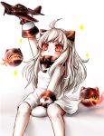  1girl ahoge airplane covered_mouth holding horns kantai_collection long_hair mittens northern_ocean_hime pale_skin red_eyes reitou_mikan shinkaisei-kan silver_hair sitting solo sparkle 