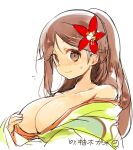  1girl amagi_(kantai_collection) artist_name bare_shoulders blush breasts brown_eyes brown_hair cleavage collarbone flower flying_sweatdrops hair_flower hair_ornament kantai_collection large_breasts long_hair mole mole_under_eye off_shoulder ponytail simple_background solo sweatdrop white_background yuzuki_gao 