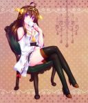  1girl ahoge brown_hair chair crossed_legs cup detached_sleeves door_to_heaven drinking hairband japanese_clothes kantai_collection kongou_(kantai_collection) long_hair looking_at_viewer nontraditional_miko sitting solo teacup thigh-highs violet_eyes wide_sleeves 