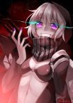  1girl bra breasts glowing glowing_eyes grin hood kantai_collection looking_at_viewer open_clothes open_mouth pale_skin personification re-class_battleship scarf shiny shiny_clothes shiny_skin short_hair silver_hair smile solo taruho_t underwear violet_eyes 