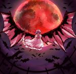  1girl absurdres bat bat_wings blood blood_in_mouth bloody_hands dress fangs full_moon hat hat_ribbon highres large_wings lavender_hair mob_cap moon natsuno_(ggqqgg) night puffy_short_sleeves puffy_sleeves red_eyes red_moon remilia_scarlet ribbon ribbon-trimmed_clothes ribbon_trim short_hair short_sleeves touhou wings 