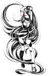  1girl absurdly_long_hair arms_behind_head arms_up battleship-symbiotic_hime black_dress breasts cleavage dress full_body glowing glowing_eye hair_over_one_eye horns kantai_collection leg_band leg_up long_hair looking_at_viewer mary_janes monochrome red_eyes shinkaisei-kan shoes short_dress simple_background smile solo spot_color squemezzo very_long_hair white_background 