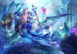 1girl armor blue blue_hair breasts dragon glenn343434 mermaid monster_girl original polearm seahorse spear under_boob underwater weapon 