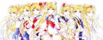  1girl 6+girls :p ;o bishoujo_senshi_sailor_moon blonde_hair blue_eyes bow brooch choker circlet closed_eyes crescent_moon double_bun earrings elbow_gloves eternal_sailor_moon facial_mark forehead_mark gloves hair_ornament hairclip hands_clasped heart highres interlocked_fingers jewelry jyu_(foliumfici) long_hair moon multiple_girls multiple_persona neo_queen_serenity older one_eye_closed princess_serenity sailor_collar sailor_moon school_uniform serafuku smile super_sailor_moon tiara tongue tongue_out tsuki_ni_kawatte_oshioki_yo tsukino_usagi twintails wince yawning 