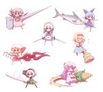  6+girls alice_margatroid apron bat_wings blonde_hair blue_dress blue_eyes blue_hair bow braid capelet cirno closed_eyes coat dagger dress dual_wielding flandre_scarlet flying_sweatdrops green_dress hair_bow hair_ribbon hammer hat hat_ribbon highres ice ice_wings izayoi_sakuya katana konpaku_youmu konpaku_youmu_(ghost) lance long_hair long_sleeves maid_headdress mob_cap monster_hunter multiple_girls one_eye_closed open_clothes open_coat open_mouth patchouli_knowledge pink_dress polearm puffy_short_sleeves puffy_sleeves purple_hair red_eyes remilia_scarlet ribbon sash shield shirt short_sleeves siblings silver_hair sisters skirt skirt_set smile sword swordfish taiga_mahoukan touhou twin_braids very_long_hair vest violet_eyes waist_apron weapon wide_sleeves wings 