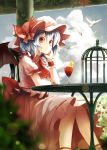  1girl ascot bat_wings bird blue_hair dress drink fami_(yellow_skies) glass hat highres looking_at_viewer red_eyes remilia_scarlet short_hair sitting smile solo touhou wings wrist_cuffs 