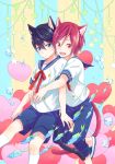  2boys animal_ears black_hair blue_eyes blush cat_ears cat_tail fangs fish free! hug hug_from_behind male matsuoka_rin multiple_boys nanase_haruka_(free!) open_mouth red_eyes redhead rihara_(rhrswsk) sailor short_hair smile tail yaou younger 