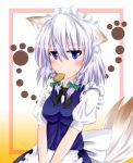  1girl animal_ears biscuit blue_eyes bow braid dog_ears dog_tail fule hair_bow hair_ribbon highres izayoi_sakuya kemonomimi_mode looking_at_viewer maid maid_headdress mouth_hold ribbon short_hair silver_hair solo tail touhou twin_braids v_arms 
