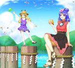 6+girls alternate_hair_length alternate_hairstyle battle blonde_hair blue_eyes crested_ibis danmaku fairy flying kurage_(artist) moriya_suwako multiple_girls onbashira rope sandals see-through shimenawa shirt sitting sitting_on_object skirt sunflower_fairy thigh-highs tokiko_(touhou) touhou ufo undefined_fantastic_object vest violet_eyes wide_sleeves wings yasaka_kanako yin_yang zettai_ryouiki