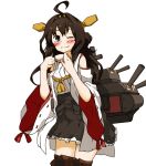  1girl ;) ahoge amonitto black_eyes brown_hair detached_sleeves hair_bun hairband kantai_collection kongou_(kantai_collection) long_hair looking_at_viewer machinery nontraditional_miko one_eye_closed pleated_skirt skirt smile solo thigh-highs turret zettai_ryouiki 